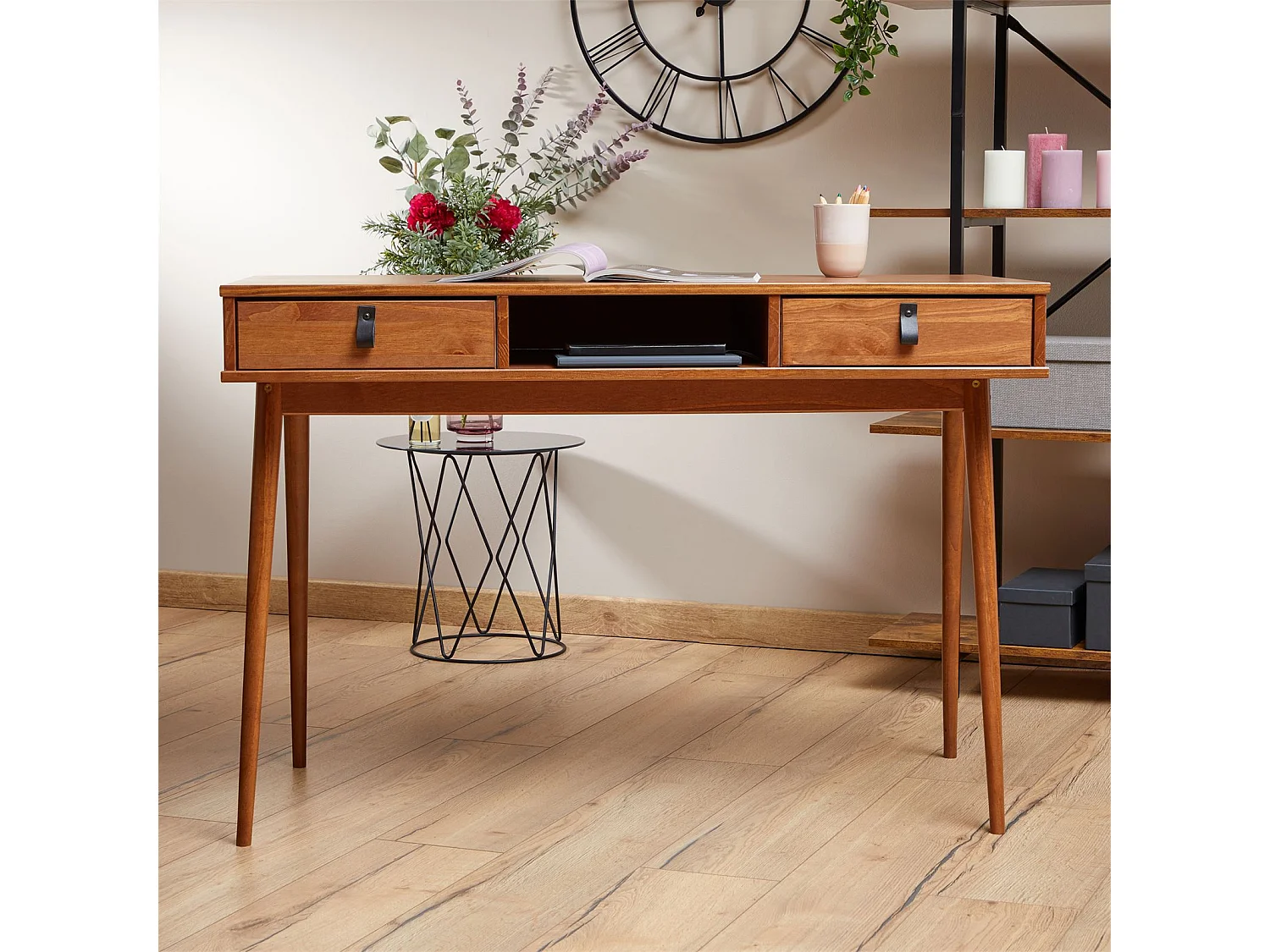 Bureau KIM en pin massif avec 2 tiroirs et 1 niche lasuré brun foncé