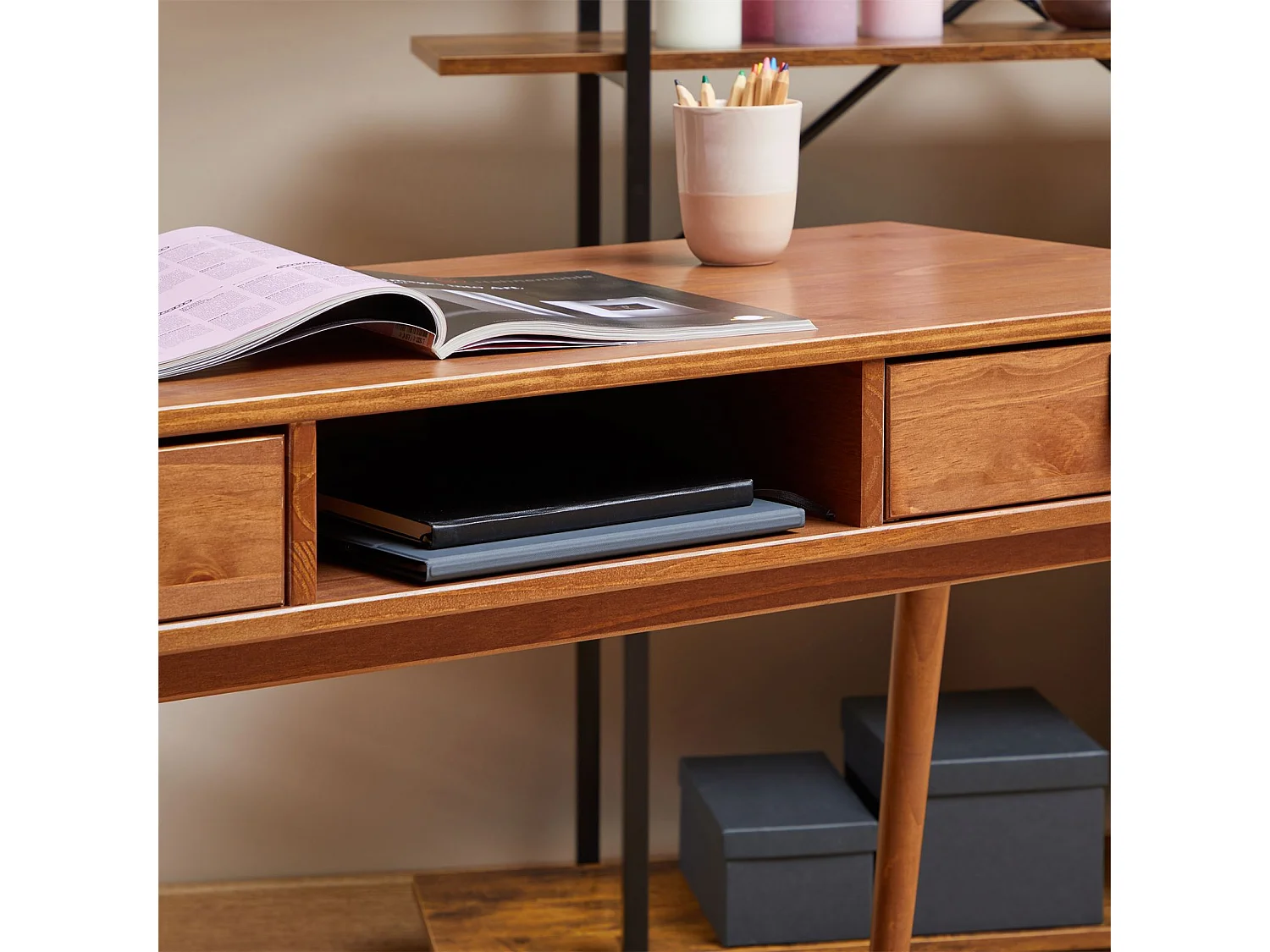 Bureau KIM en pin massif avec 2 tiroirs et 1 niche lasuré brun foncé