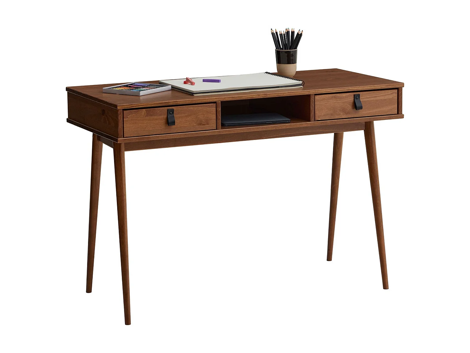 Bureau KIM en pin massif avec 2 tiroirs et 1 niche lasuré brun foncé