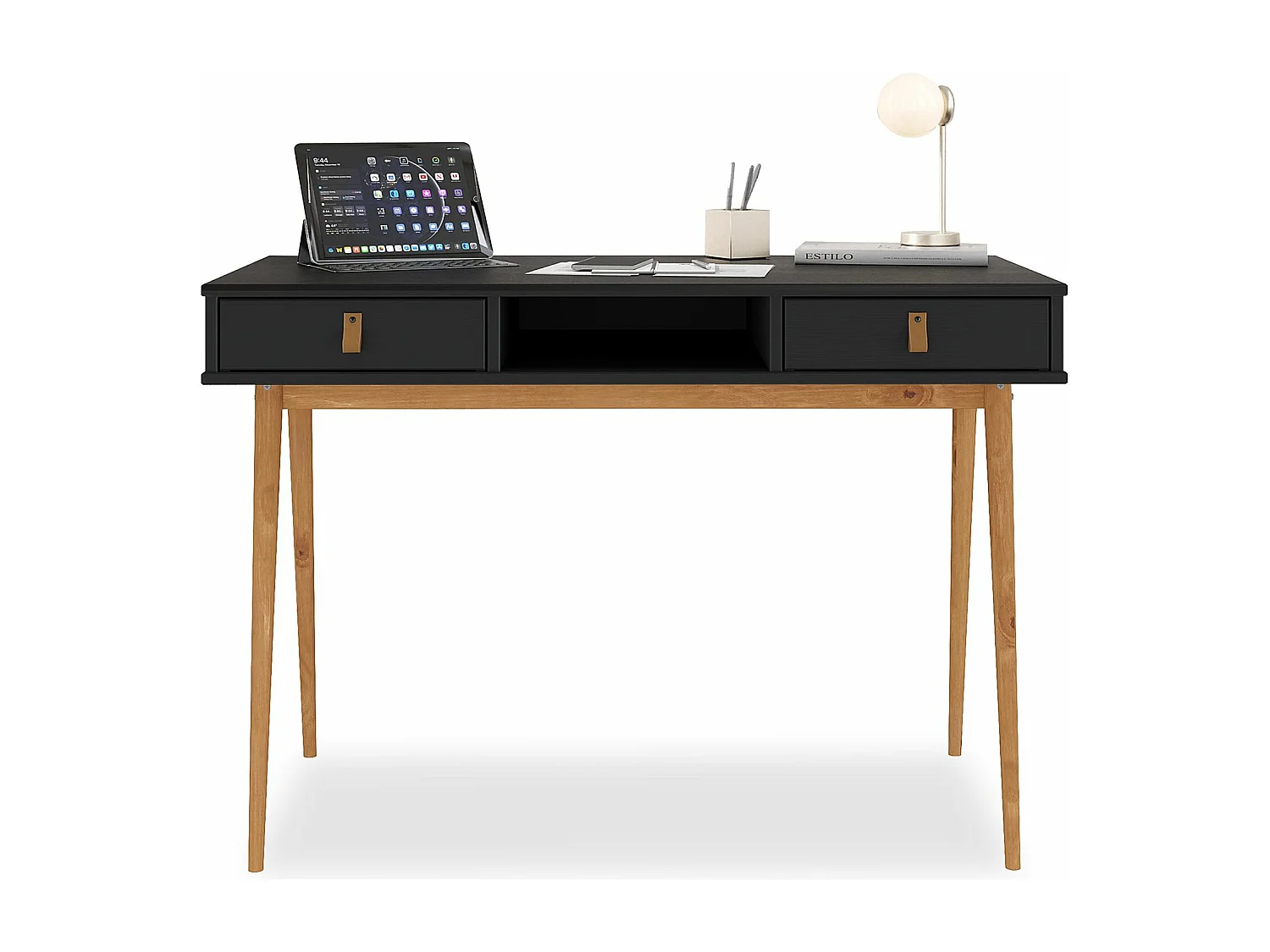 Bureau KIM secrétaire en pin massif avec 2 tiroirs et 1 niche bois lasuré noir/chêne