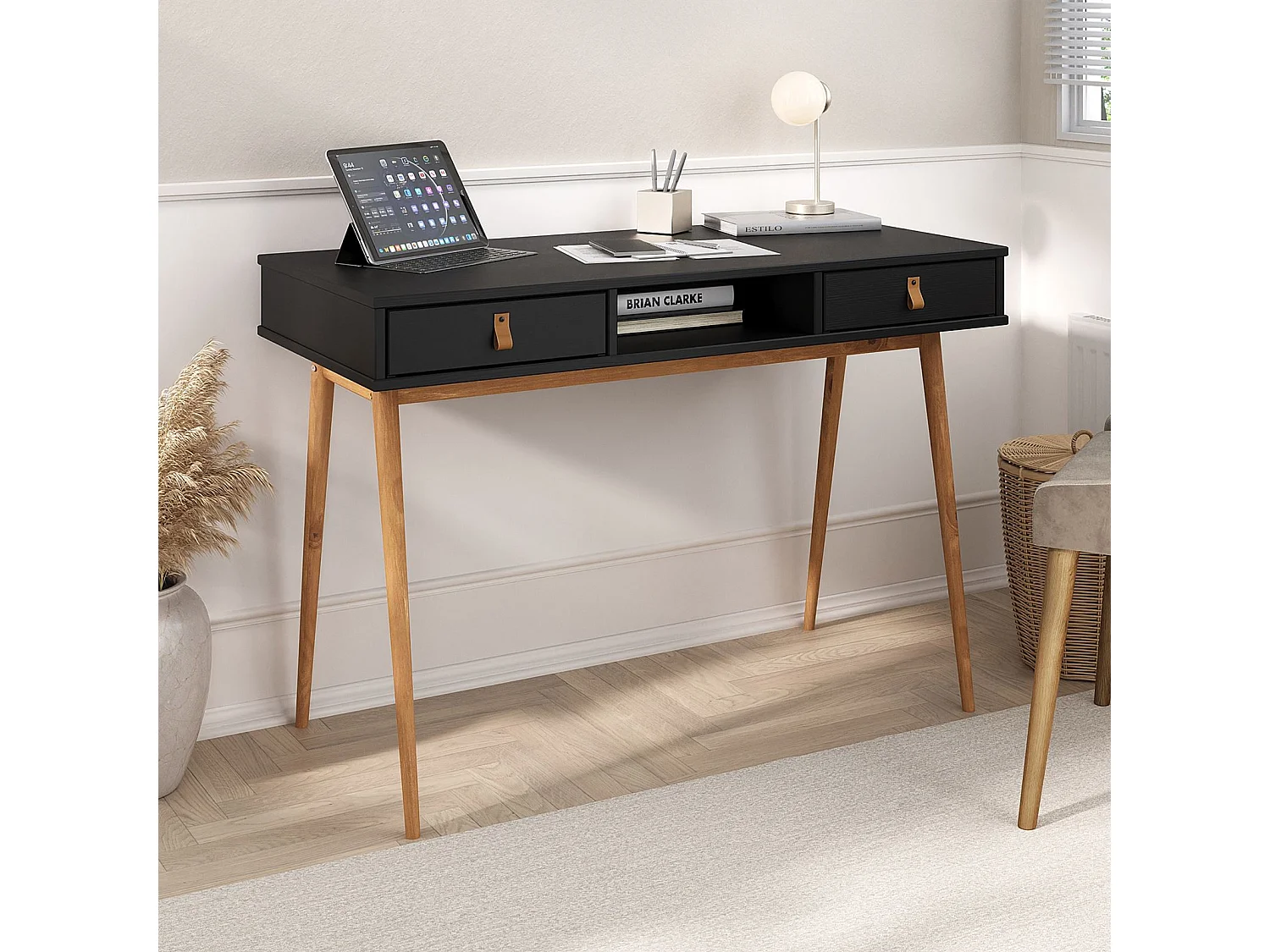 Bureau KIM secrétaire en pin massif avec 2 tiroirs et 1 niche bois lasuré noir/chêne