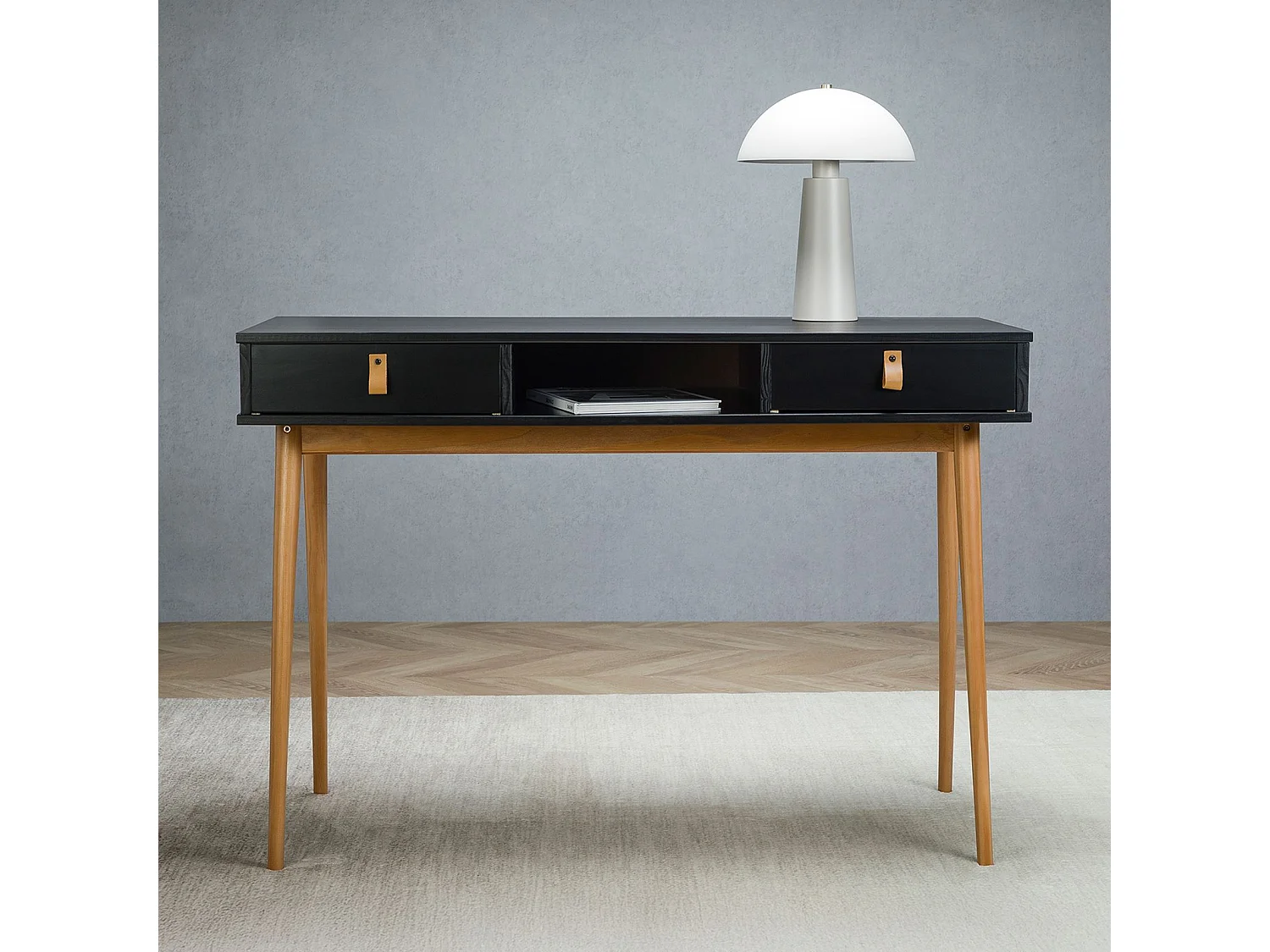 Bureau KIM secrétaire en pin massif avec 2 tiroirs et 1 niche bois lasuré noir/chêne