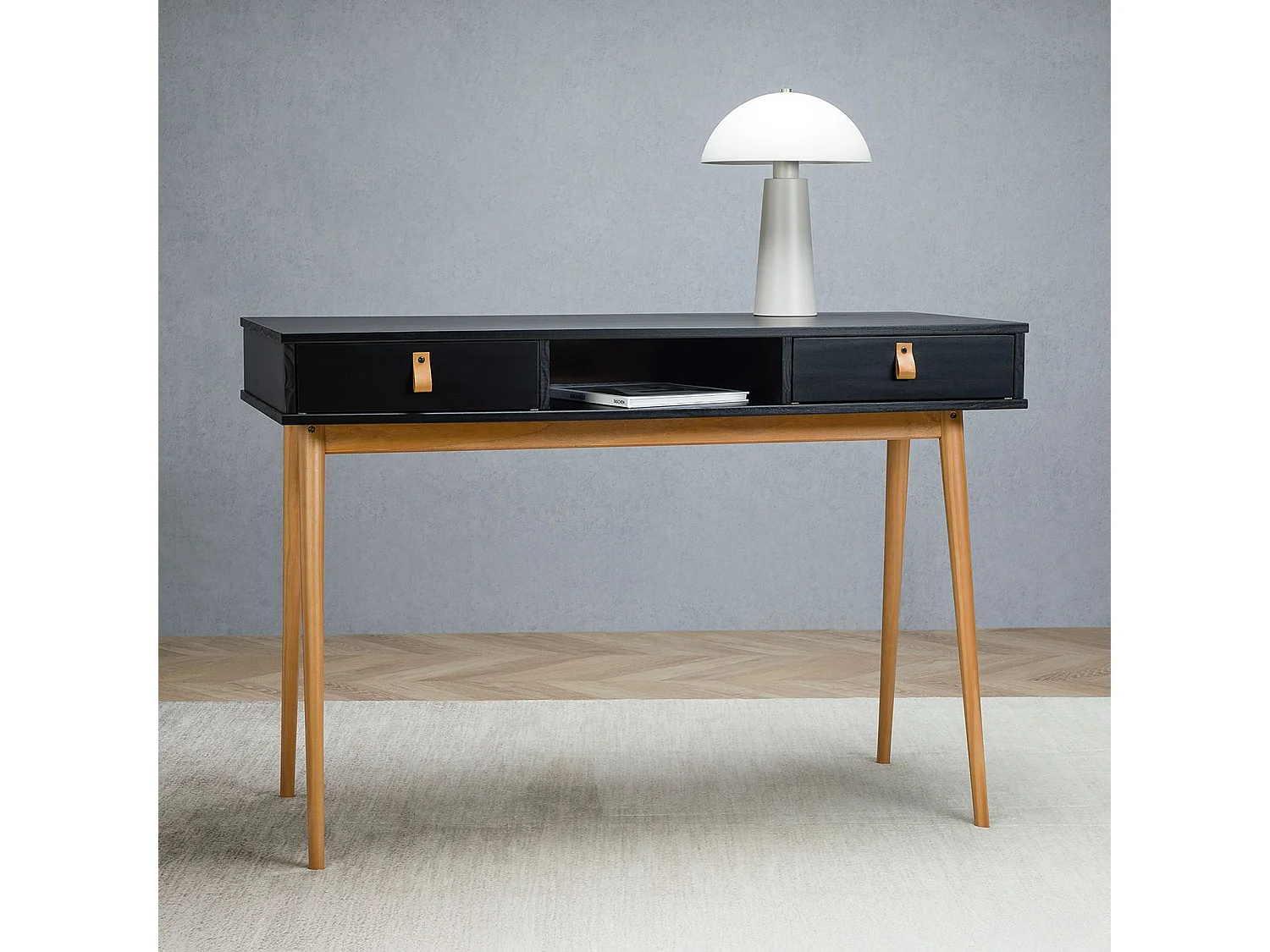 Bureau KIM secrétaire en pin massif avec 2 tiroirs et 1 niche bois lasuré noir/chêne