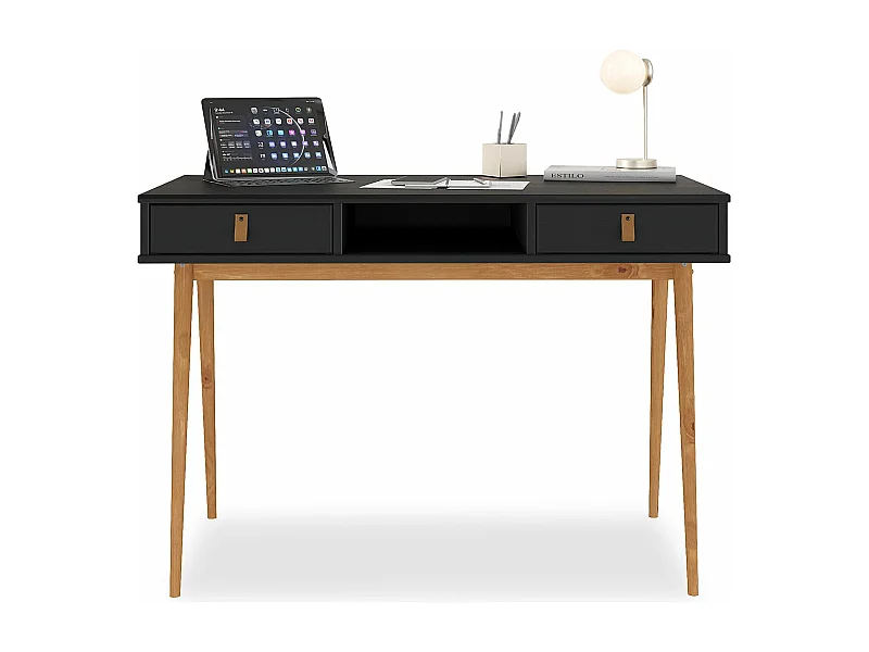 Bureau KIM secrétaire en pin massif avec 2 tiroirs et 1 niche bois lasuré noir/chêne