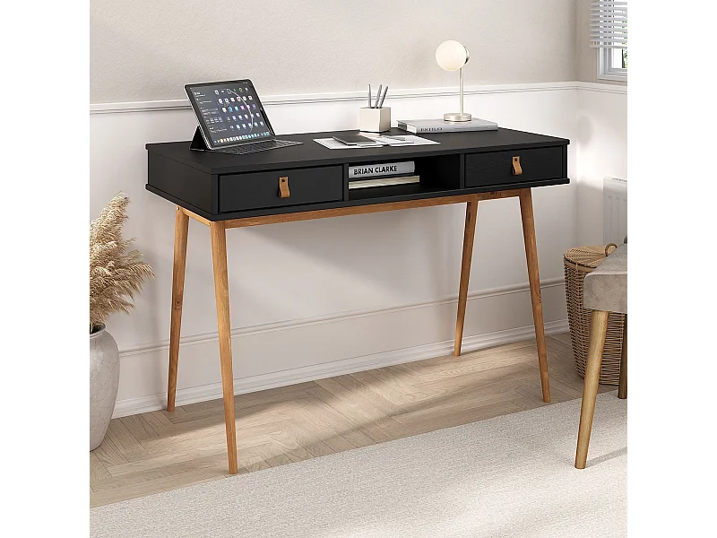 Bureau KIM secrétaire en pin massif avec 2 tiroirs et 1 niche bois lasuré noir/chêne