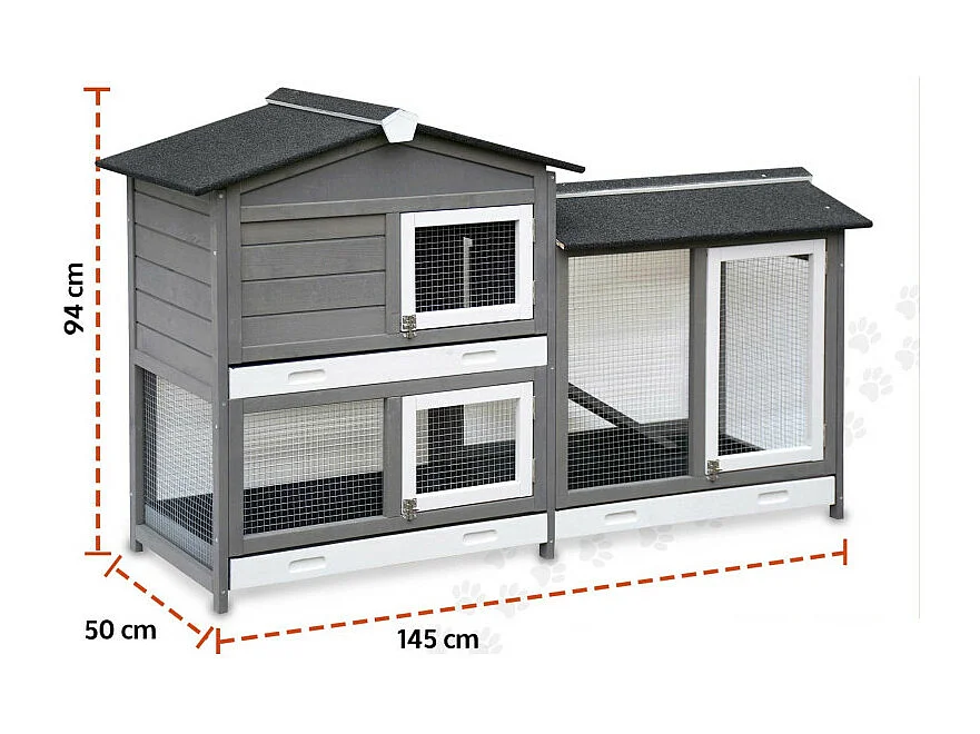 Cage Clapier Enclos lapin Extérieur en bois pour petits animaux-2 étages: 092 Rudy 145x50x94cm