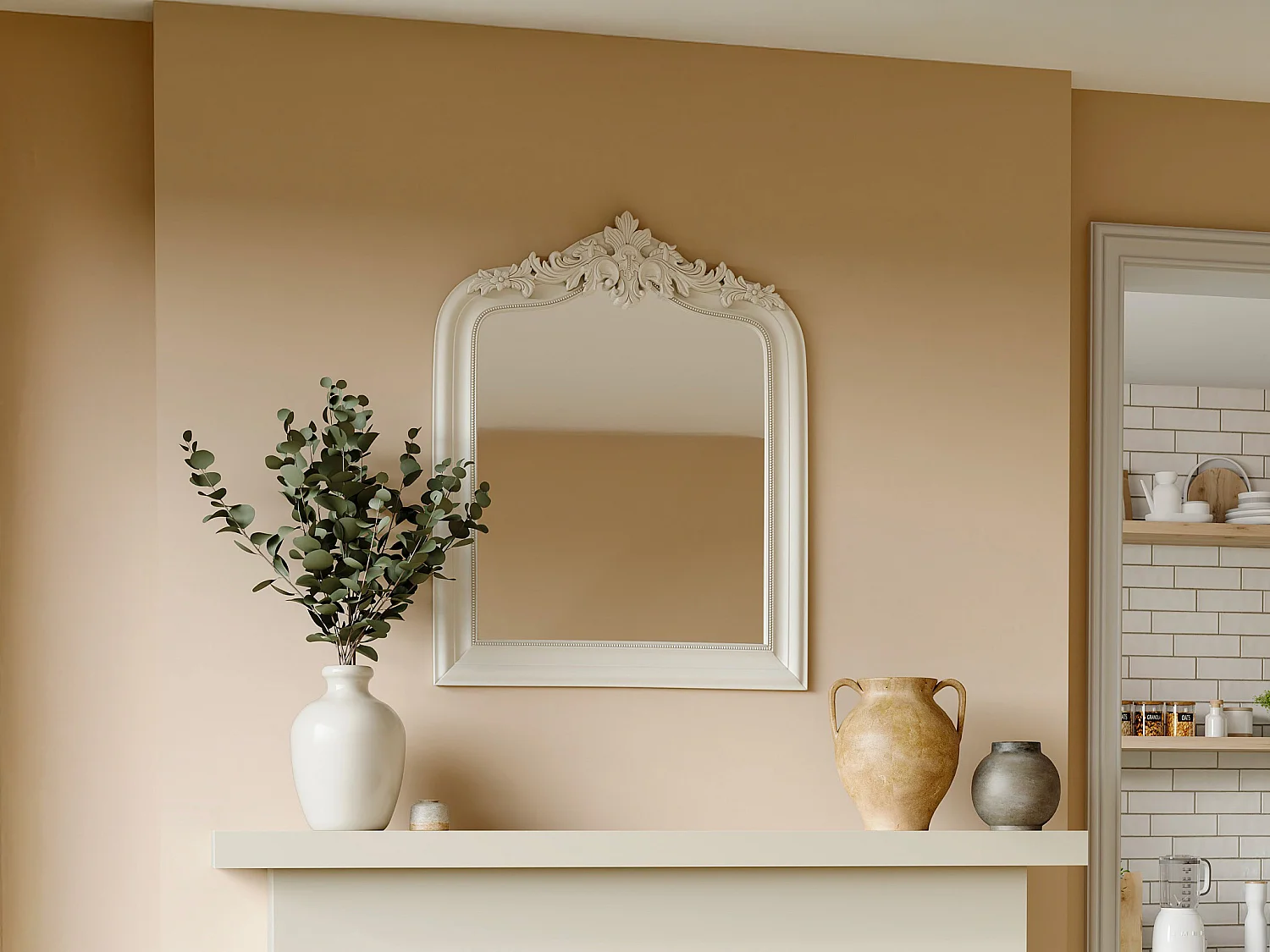 Miroir trumeau avec moulures en bois de paulownia - L. 80 x H. 100 cm - Blanc mat - NOVARA