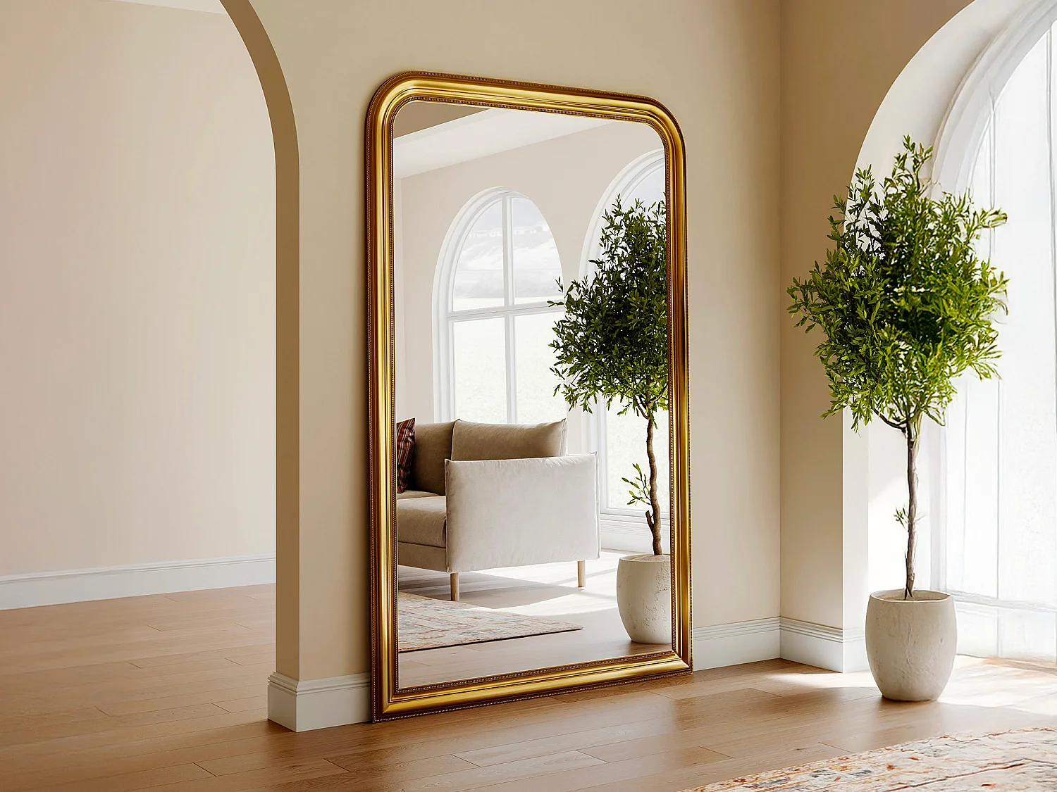 Large paulownia wood mirror - L120 x H190 cm - Gold brass effect - HELOISE