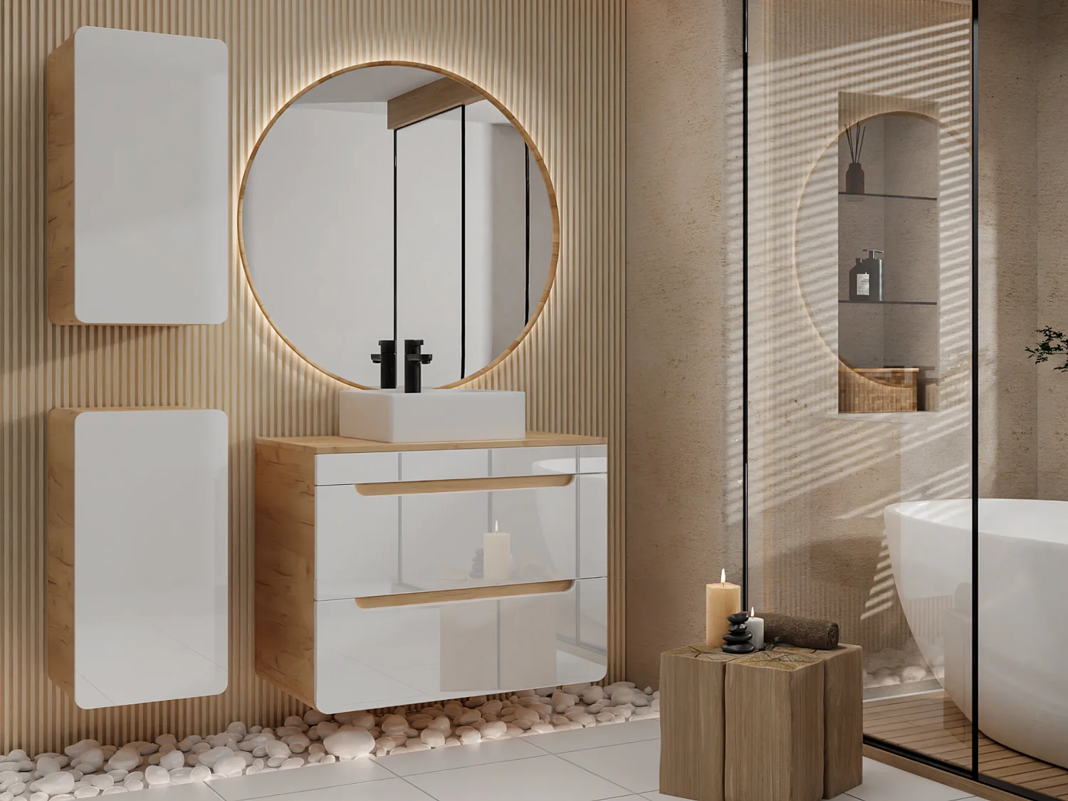 Meuble de salle de bain suspendu avec vasque à poser et deux colonnes - Coloris naturel et blanc - 80 cm - ARUBA