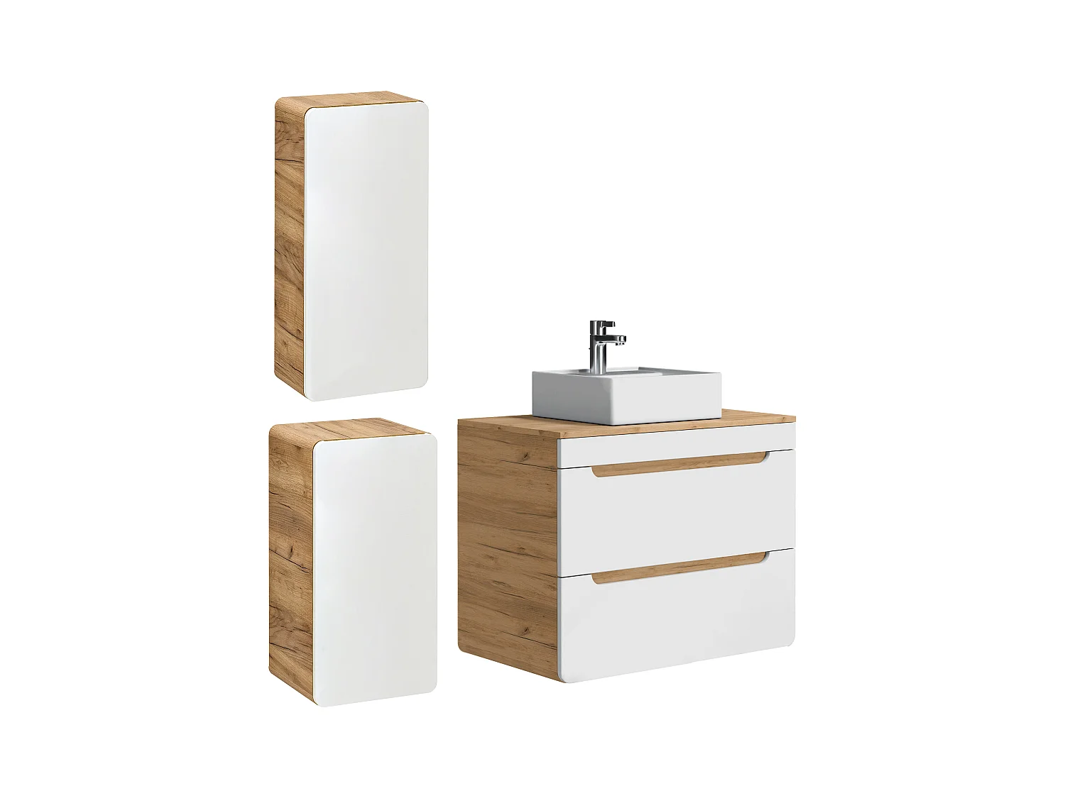 Waschbeckenunterschrank hängend mit Aufsatzwaschbecken & 2 Badschränken - 80 cm - Holzfarben & Weiß - ARUBA