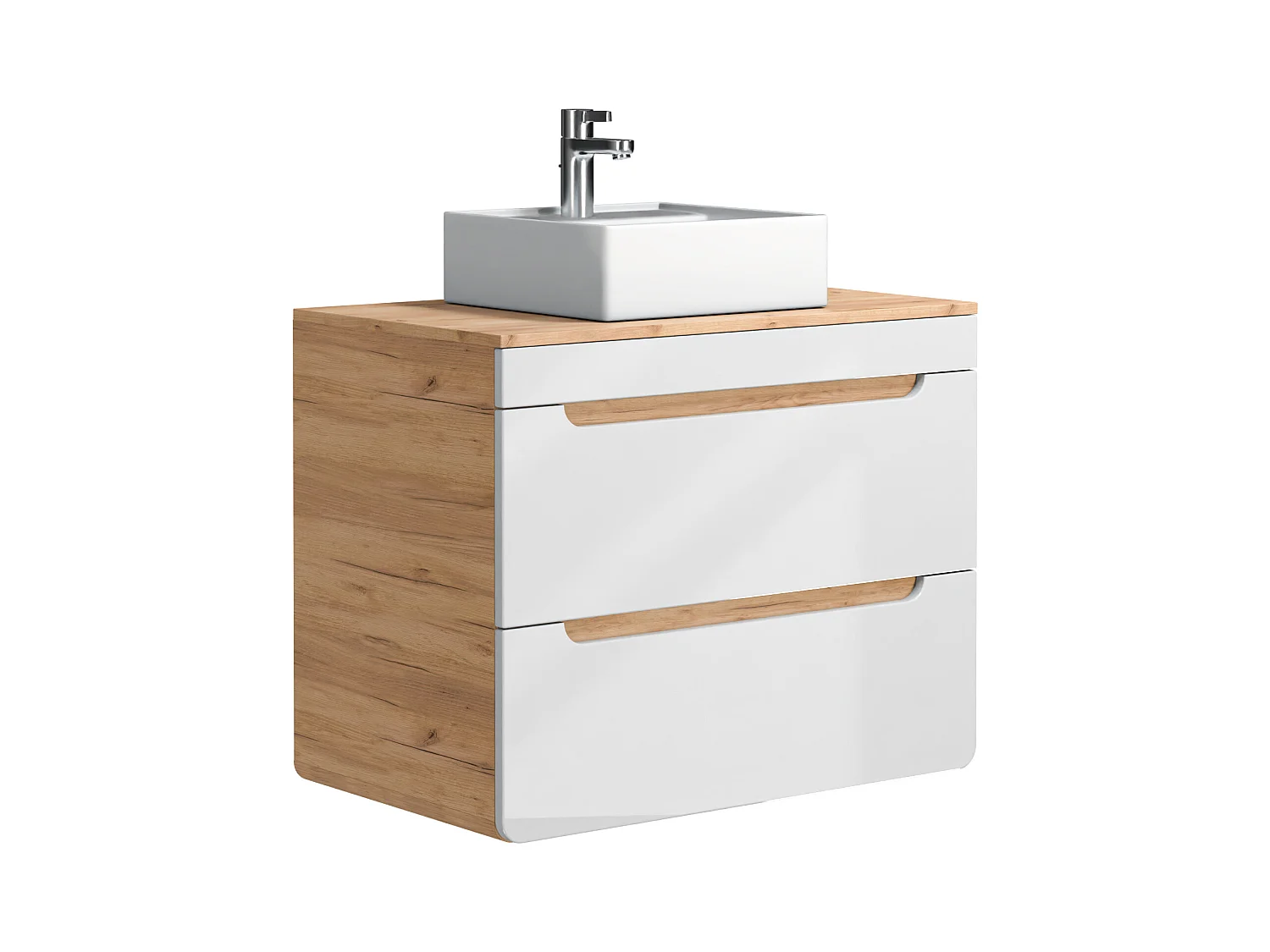 Waschbeckenunterschrank hängend mit Aufsatzwaschbecken & 2 Badschränken - 80 cm - Holzfarben & Weiß - ARUBA