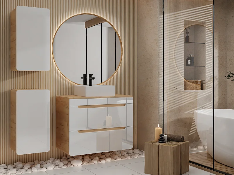 Mobile per bagno sospeso con lavabo da appoggio e due colonne 80 cm Naturale e Bianco - ARUBA
