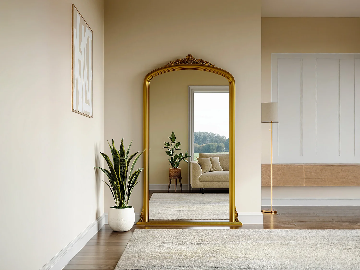 Grand miroir en bois de paulownia - L. 120 x H.190 cm - Doré - MERRY