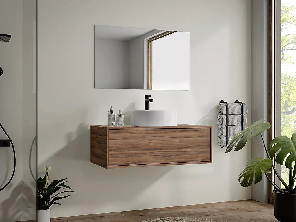 Meuble de salle de bain suspendu coloris naturel foncé avec simple vasque ronde - 94 cm - TEANA II