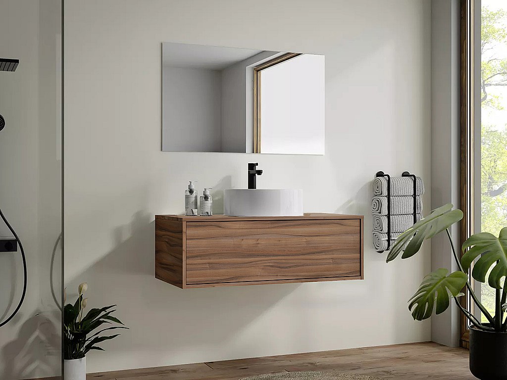 Waschbeckenunterschrank hängend mit rundem Einzelwaschbecken - Holzfarben d günstig online kaufen