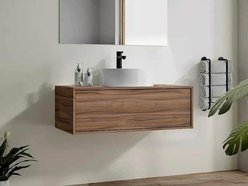 Meuble de salle de bain suspendu coloris naturel foncé avec simple vasque ronde - 94 cm - TEANA II