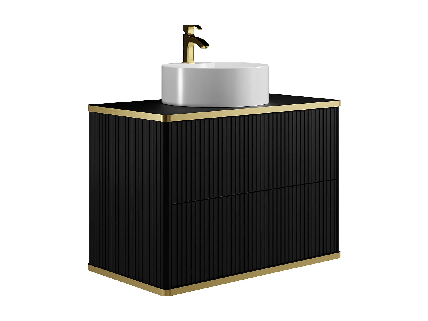 Mueble de baño suspendido estriado con ribete dorado y lavabo redondo - Negro - 80 cm - KELIZA