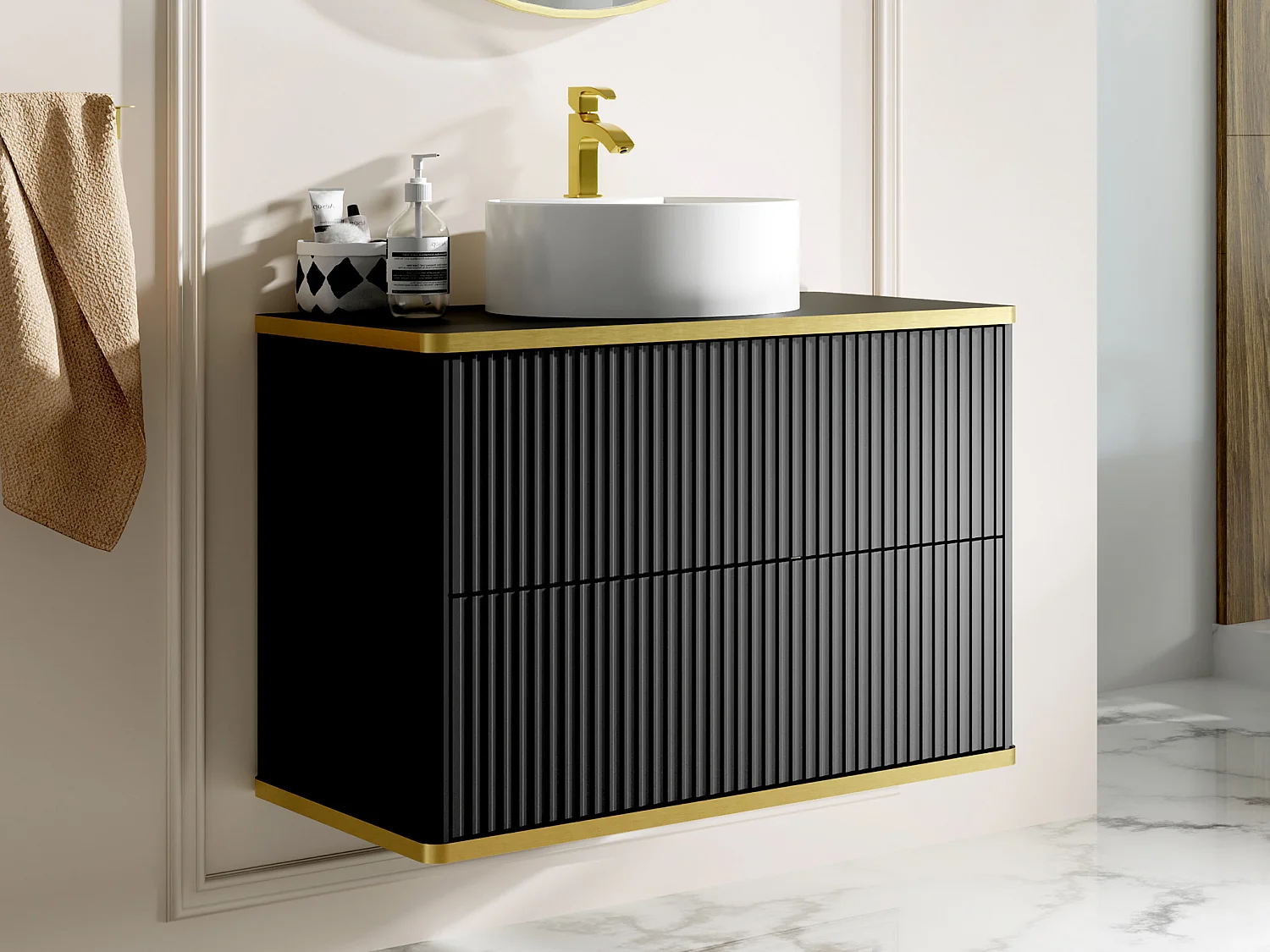 Mueble de baño suspendido estriado con ribete dorado y lavabo redondo - Negro - 80 cm - KELIZA