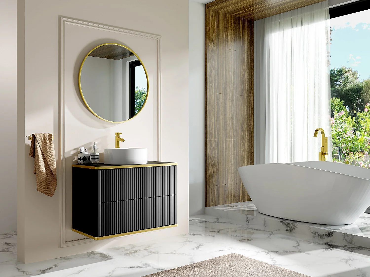 Mueble de baño suspendido estriado con ribete dorado y lavabo redondo - Negro - 80 cm - KELIZA