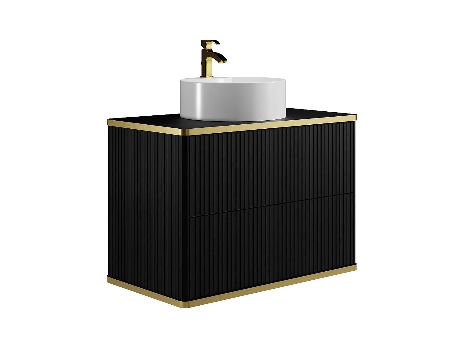 Stribet baderomsmøbel med gullkant, rundt servant - Svart - 80 cm - KELIZA