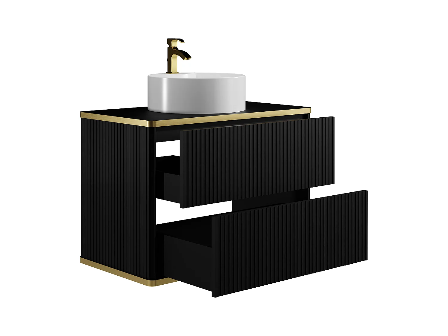 Stribet baderomsmøbel med gullkant, rundt servant - Svart - 80 cm - KELIZA