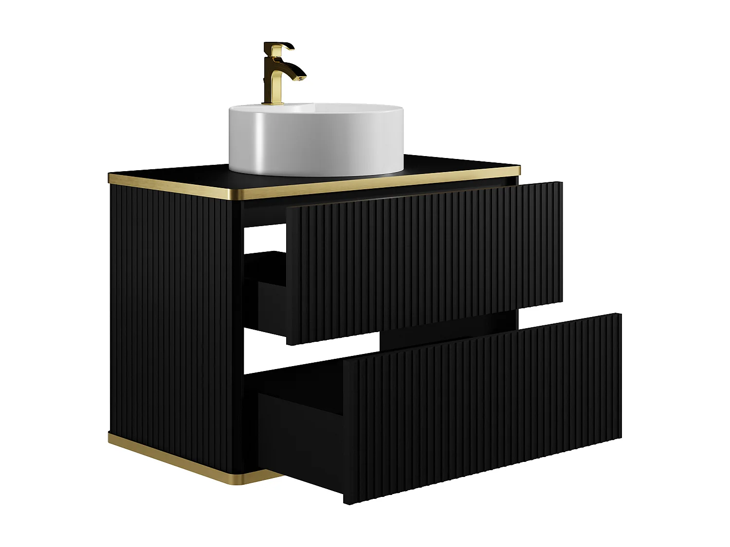 Meuble de salle de bain suspendu strié liseré doré avec vasque à poser ronde - Noir - 80 cm - KELIZA