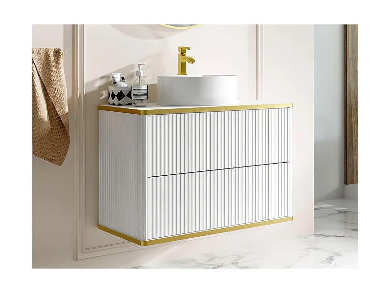 Mueble de baño suspendido estriado con ribete dorado y lavabo redondo - Blanco - 80 cm - KELIZA