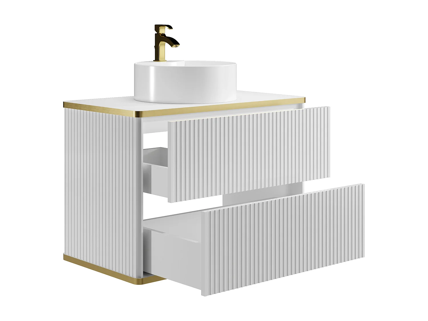 Mueble de baño suspendido estriado con ribete dorado y lavabo redondo - Blanco - 80 cm - KELIZA