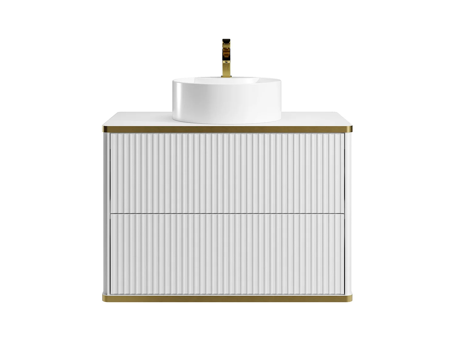 Hengende stripete baderomsmøbel med gullkant og rund frittstående servant - Hvit - 80 cm - KELIZA