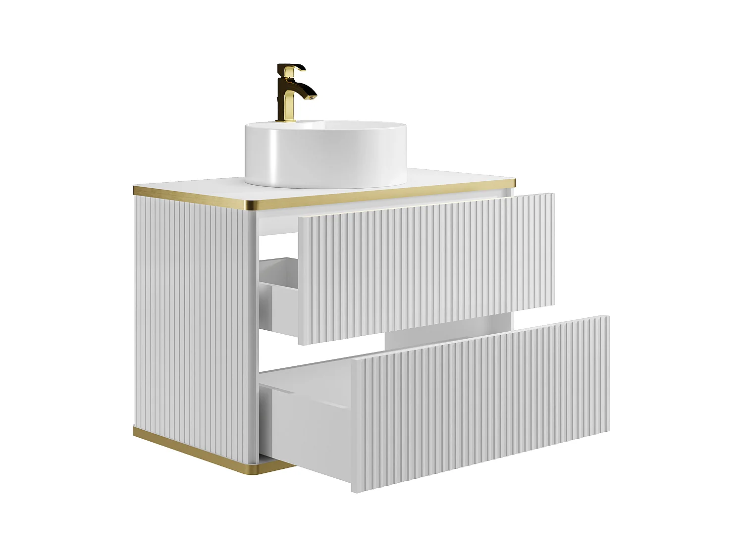 Hengende stripete baderomsmøbel med gullkant og rund frittstående servant - Hvit - 80 cm - KELIZA