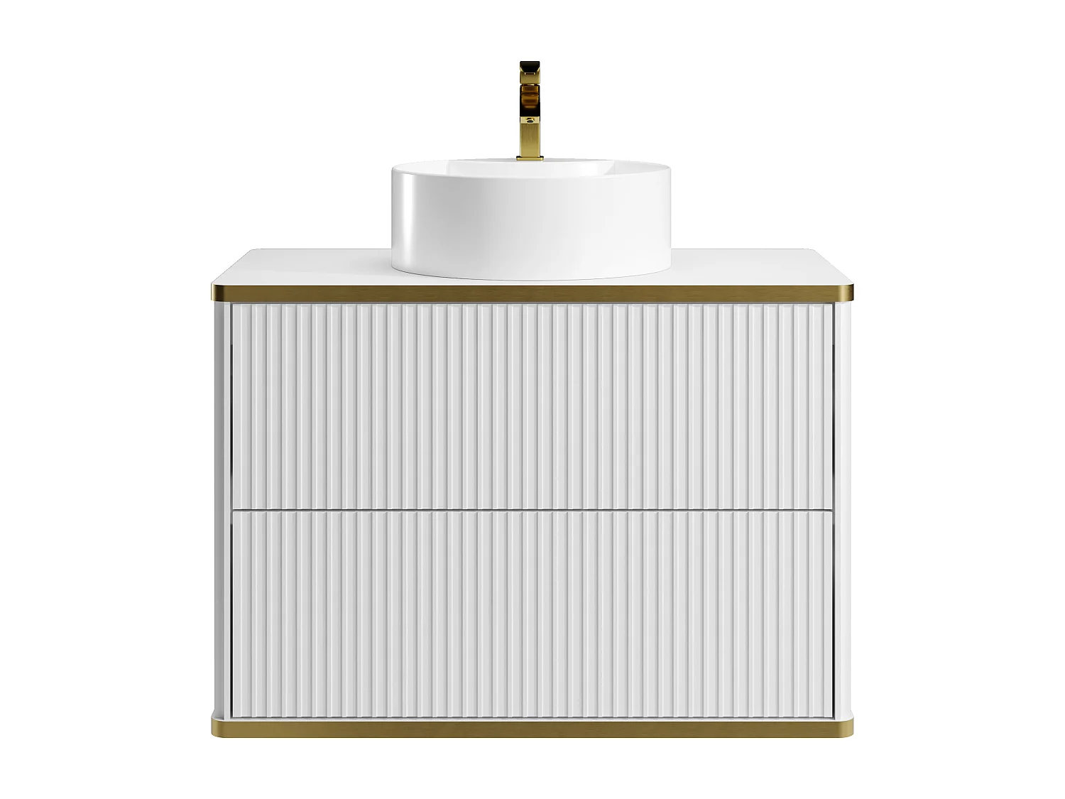 Meuble de salle de bain suspendu strié liseré doré avec vasque à poser ronde - Blanc - 80 cm - KELIZA