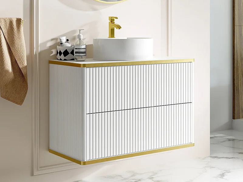 Szafka łazienkowa wisząca  ryflowana ze złotą listwą i okrągłą umywalką nablatową - Biały - 80 cm - KELIZA