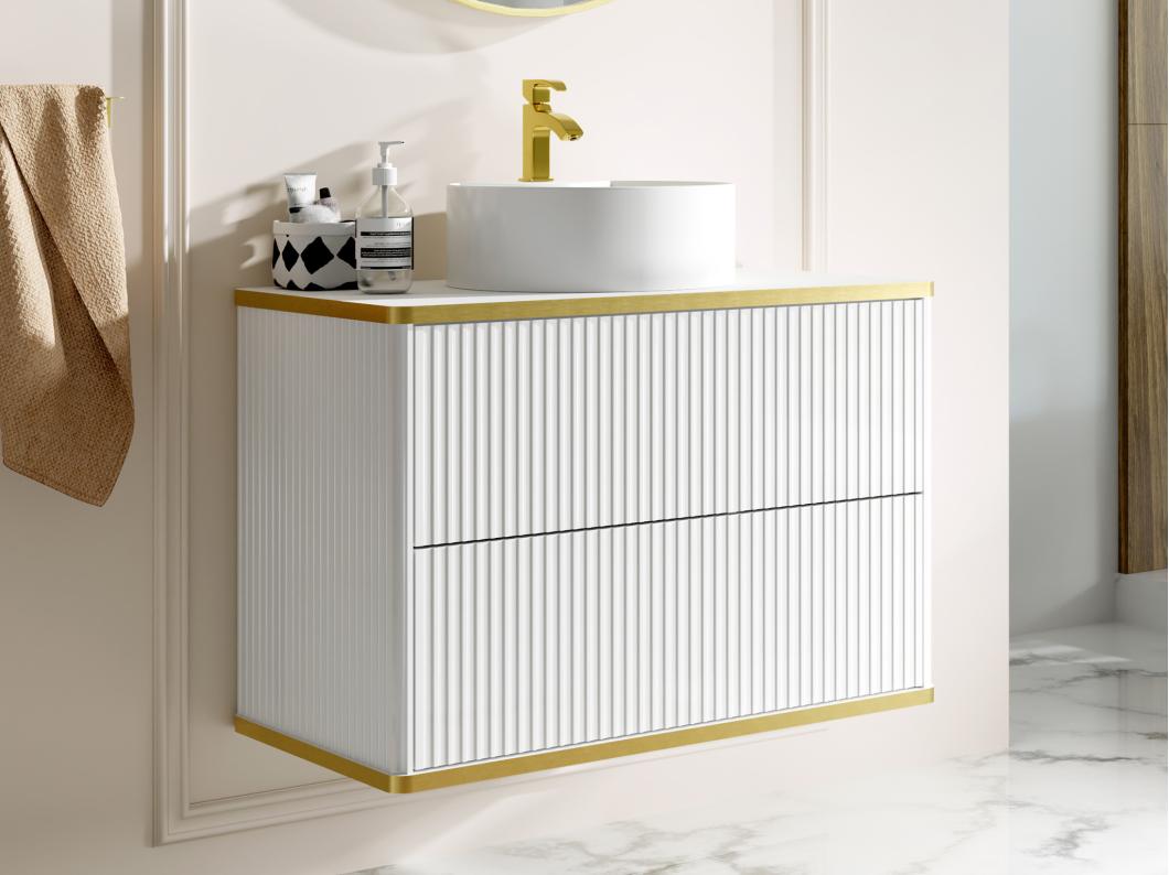 Mueble de baño flotante estriado con ribete dorado y lavabo redondo - Blanco - 80 cm - KELIZA