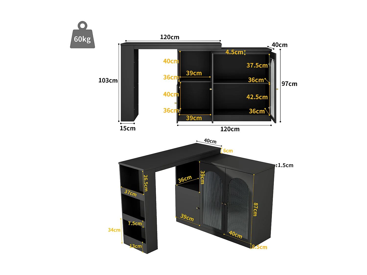 Dressoir, draaibare MDF-barkast - grote opbergruimte - eigentijdse stijl - Zwart