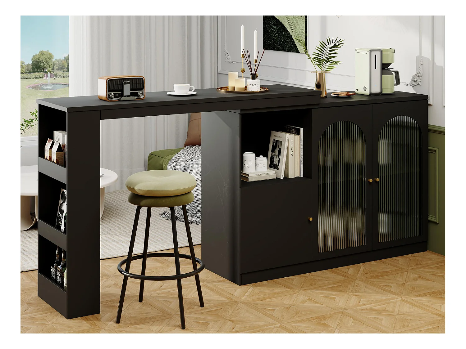 Buffet、Meuble de bar rotatif en MDF - grand espace de rangement - style contemporain - Noir