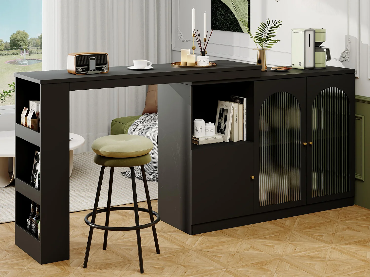 Credenza, mobile bar girevole in MDF - ampio spazio di archiviazione - stile contemporaneo - Nero