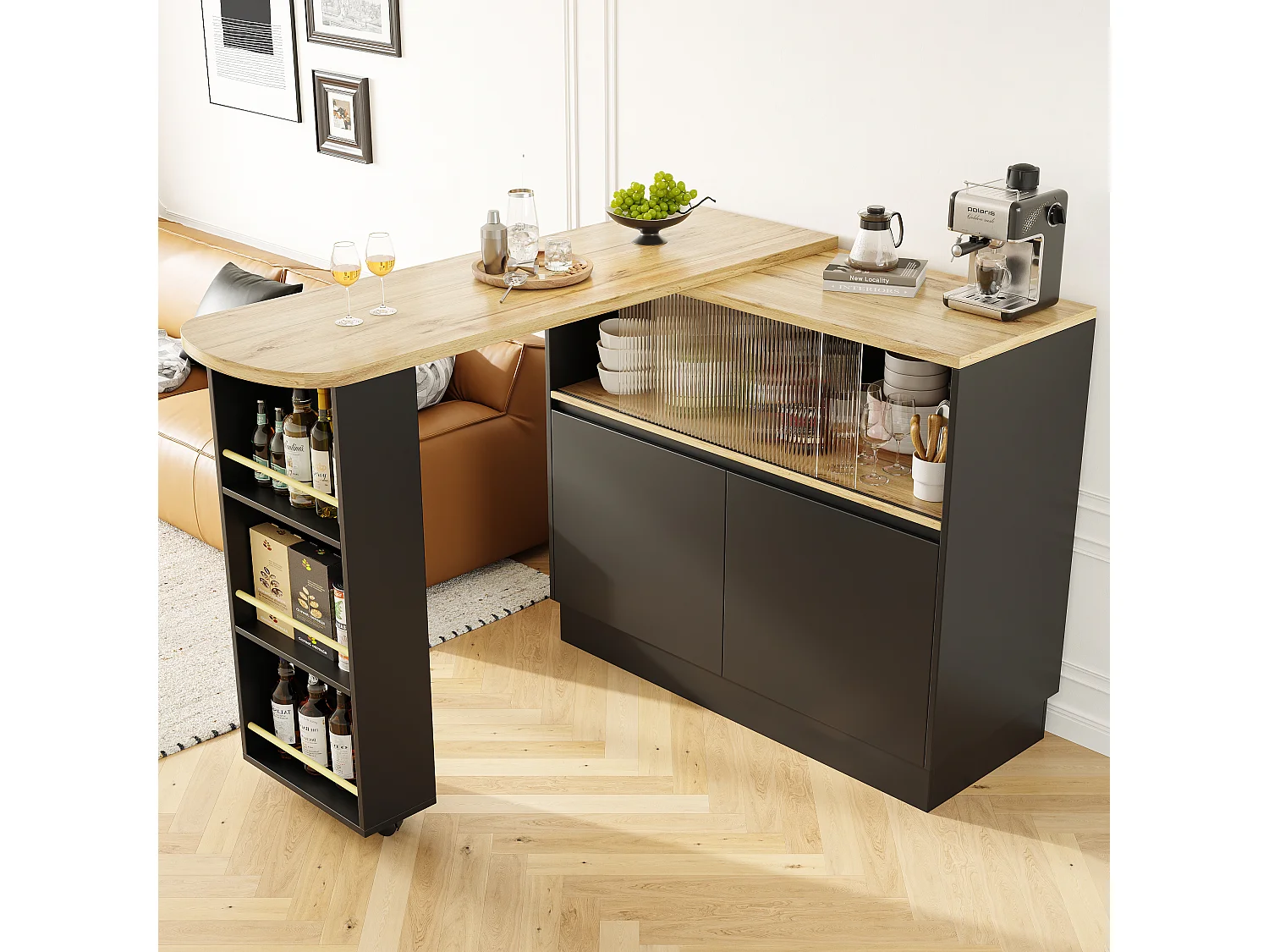 Aparador、Mueble bar giratorio y retráctil en MDF - gran espacio de almacenamiento - estilo contemporáneo - Negro