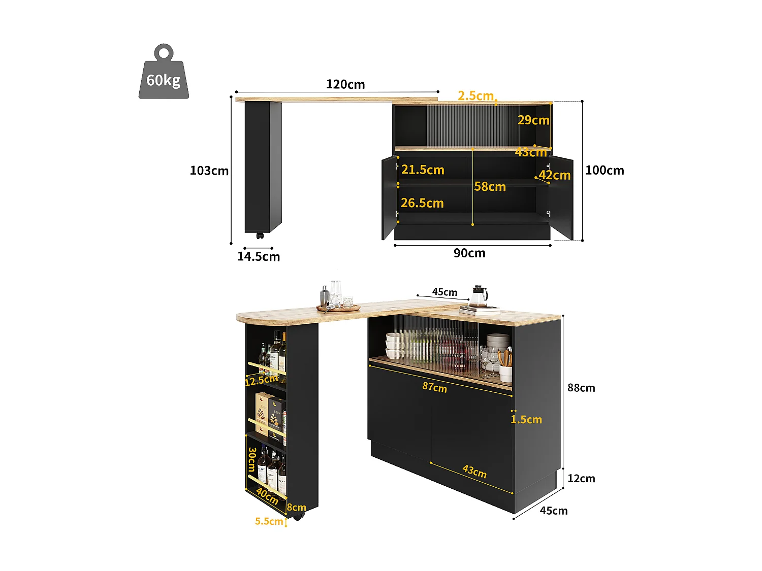 Aparador、Mueble bar giratorio y retráctil en MDF - gran espacio de almacenamiento - estilo contemporáneo - Negro