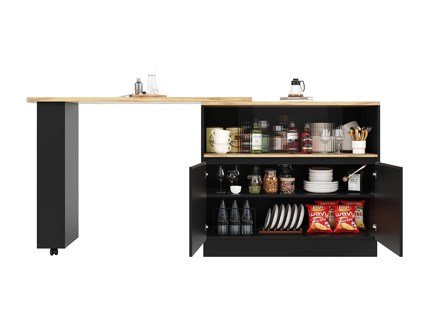 Aparador、Mueble bar giratorio y retráctil en MDF - gran espacio de almacenamiento - estilo contemporáneo - Negro