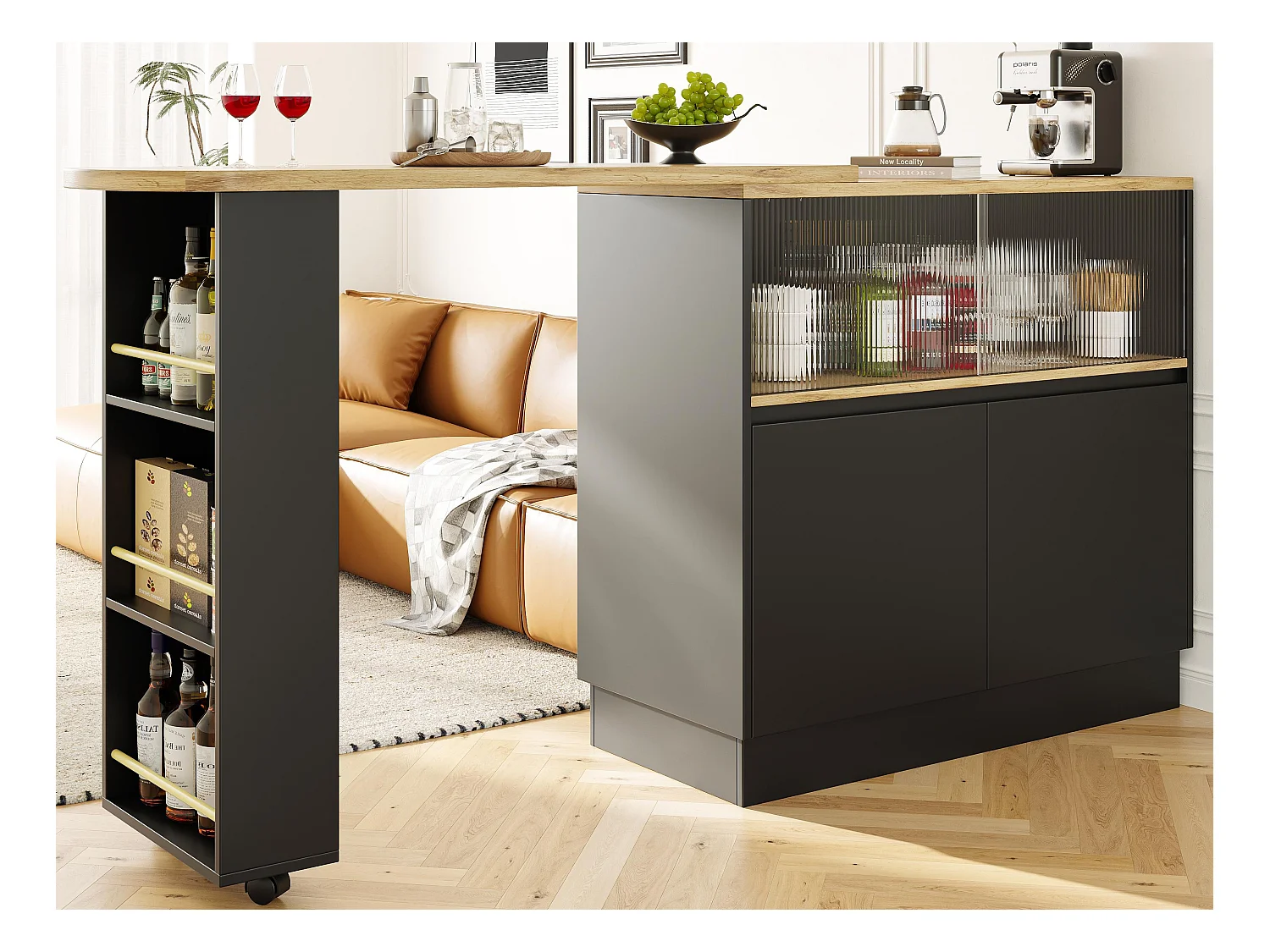 Buffet、Meuble de bar pivotant et escamotable en MDF - grand espace de rangement - style contemporain - Noir
