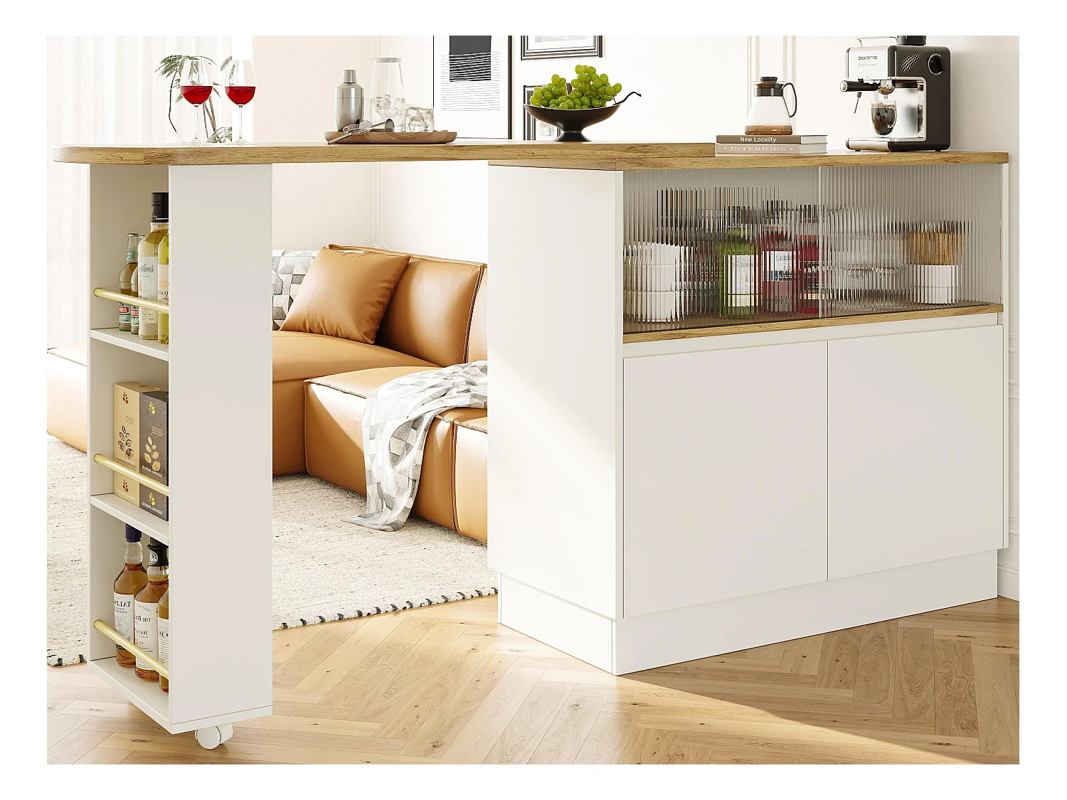 Buffet、Meuble de bar pivotant et escamotable en MDF - grand espace de rangement - style contemporain - Blanc