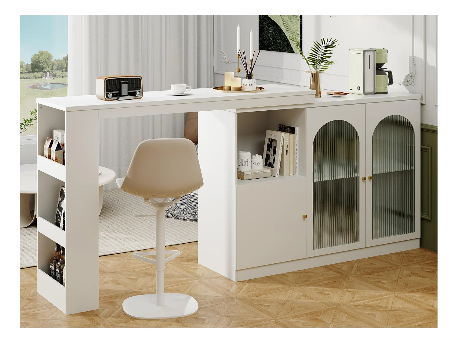 Buffet、Meuble de bar rotatif en MDF - grand espace de rangement - style contemporain - Blanc