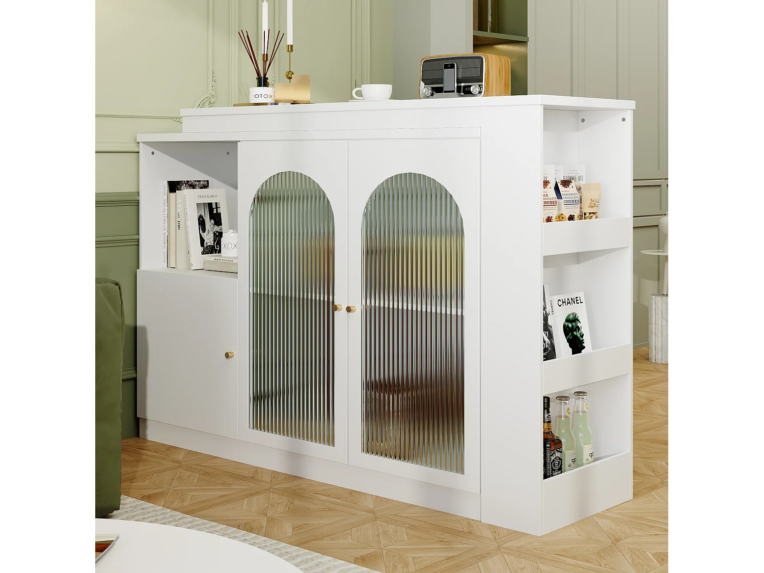 Sideboard, drehbarer MDF-Barschrank – großer Stauraum – moderner Stil – Weiß