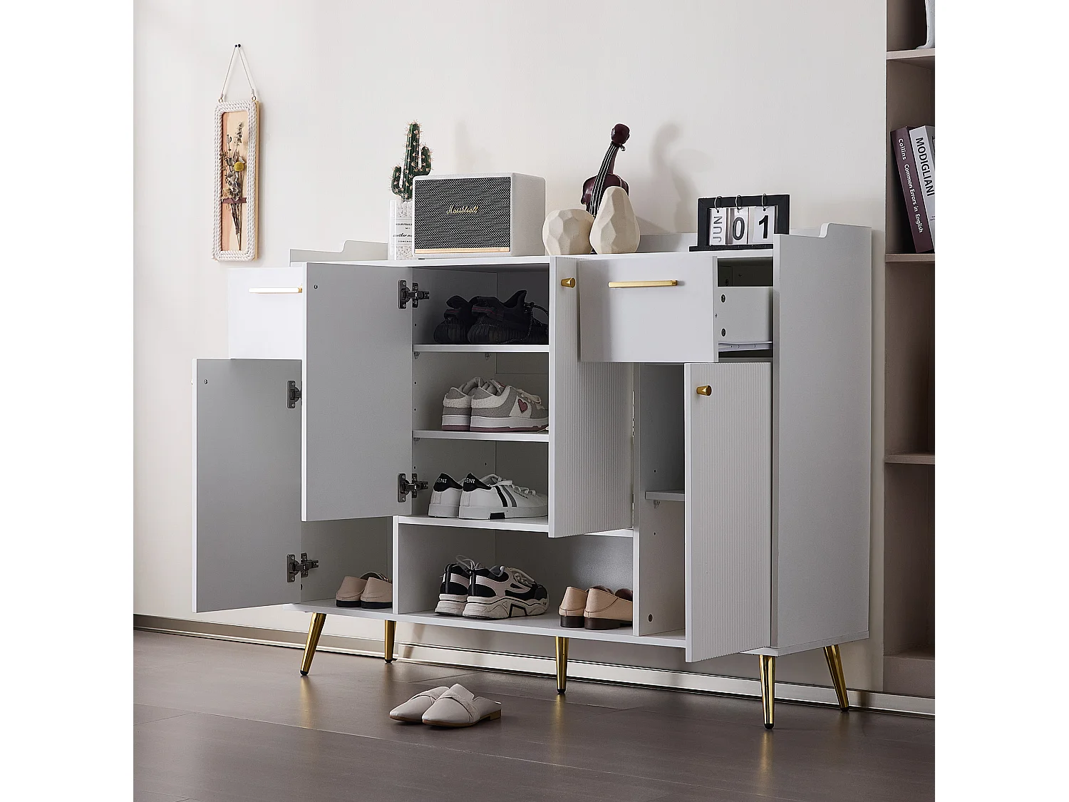 Schoenenkast - 2 laden + 4 deuren + open vak - Wit