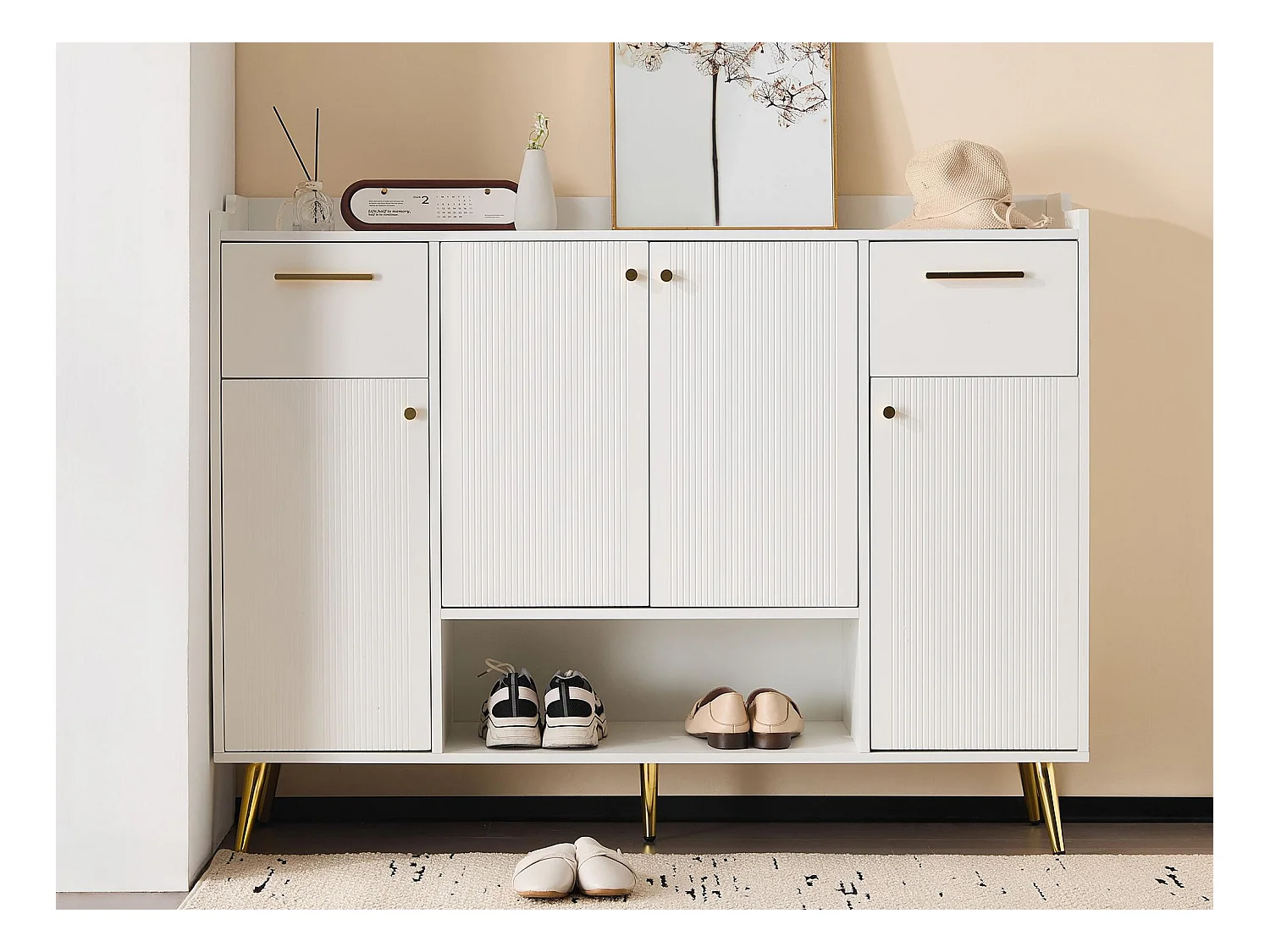 Meuble à chaussures - 2 tiroirs + 4 portes + compartiment ouvert - Blanc
