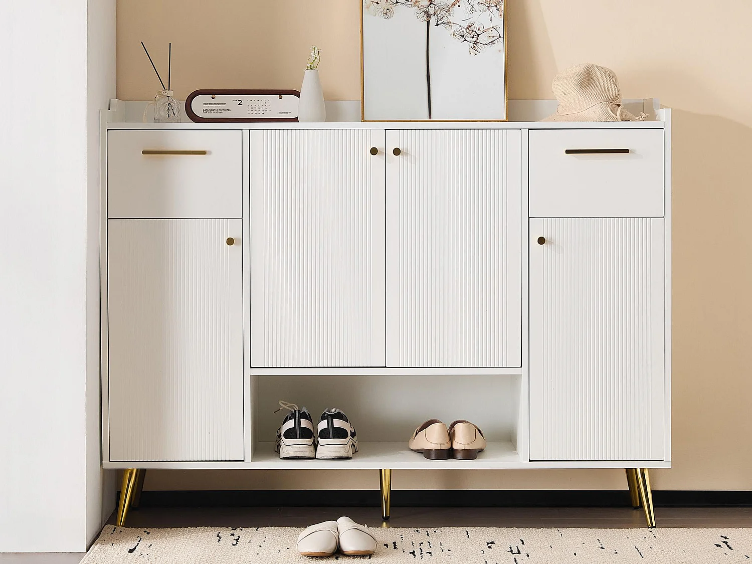 Meuble à chaussures - 2 tiroirs + 4 portes + compartiment ouvert - Blanc