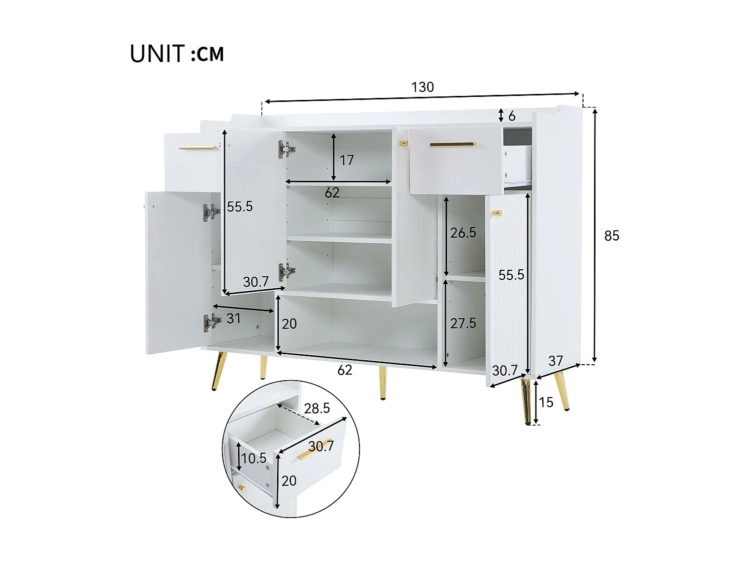 Meuble à chaussures - 2 tiroirs + 4 portes + compartiment ouvert - Blanc