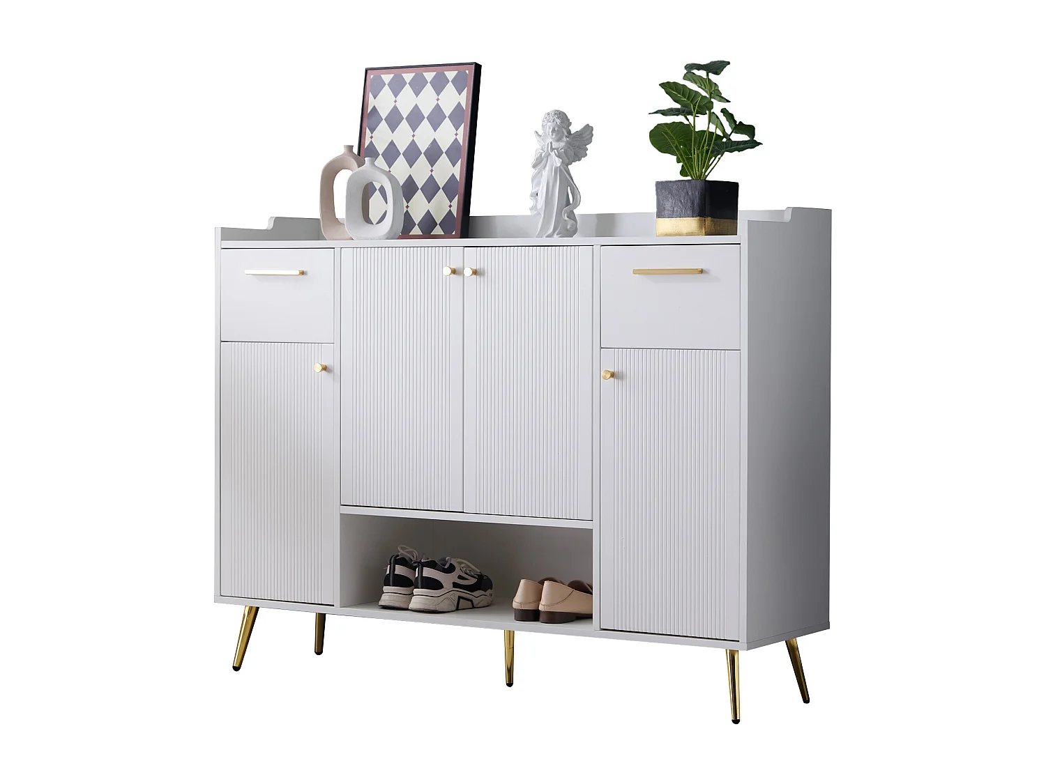 Meuble à chaussures - 2 tiroirs + 4 portes + compartiment ouvert - Blanc