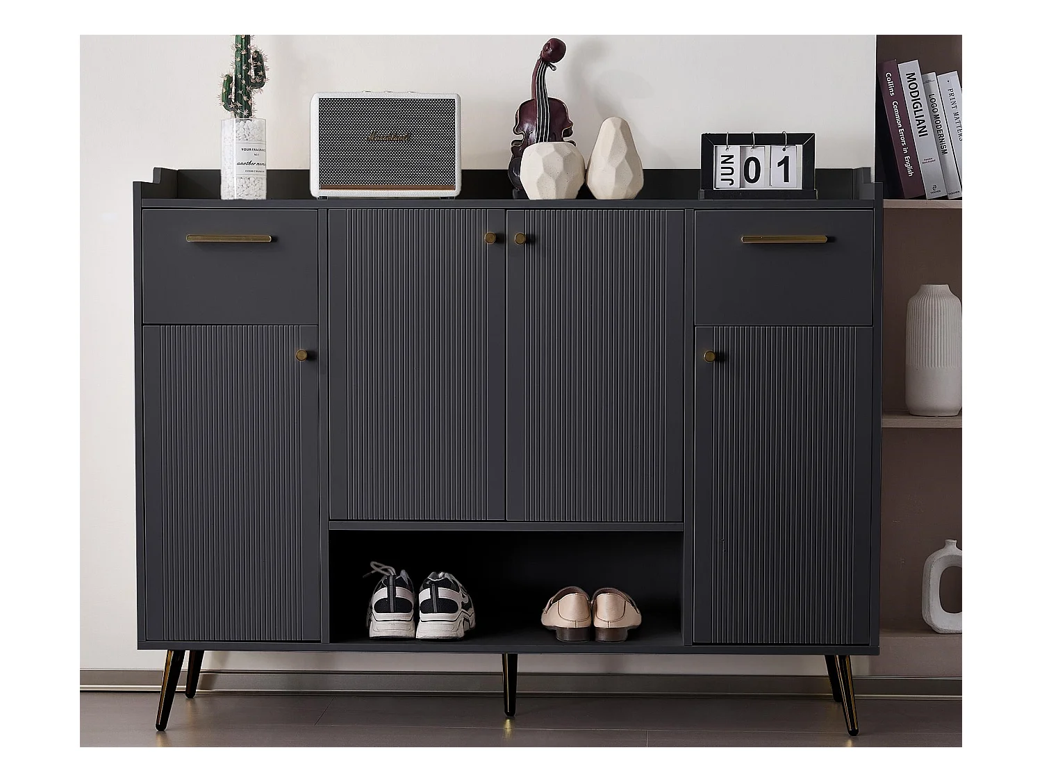 Meuble à chaussures - 2 tiroirs + 4 portes + compartiment ouvert - Noir