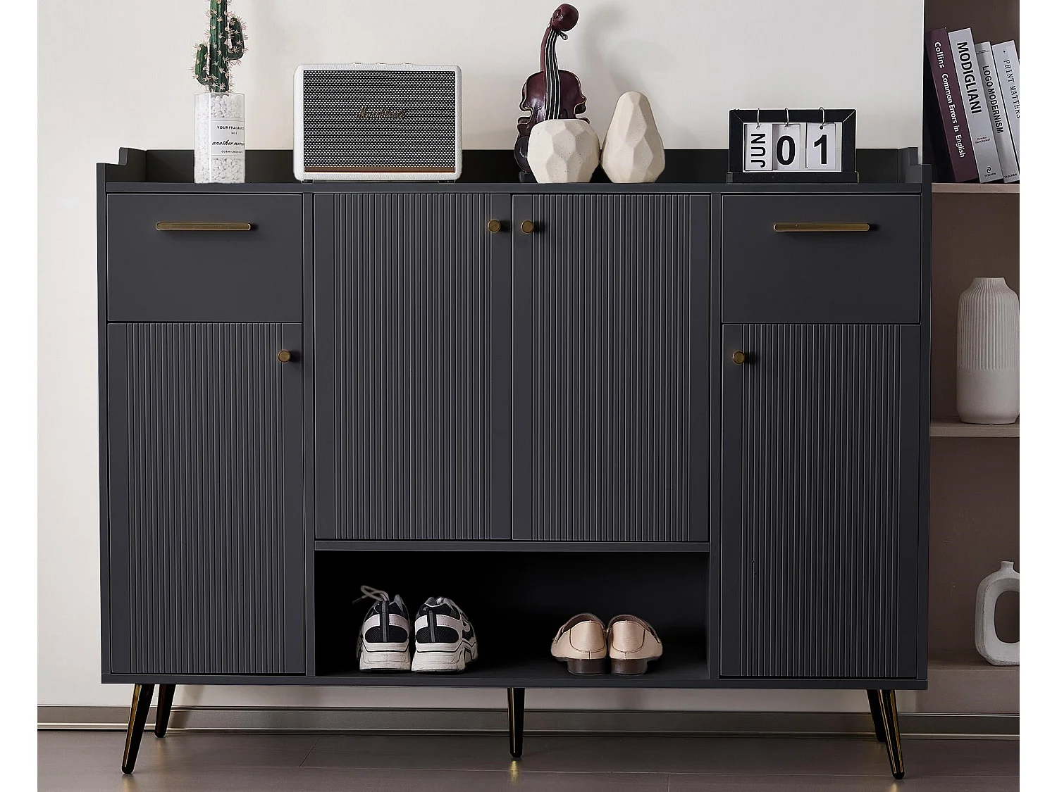 Meuble à chaussures - 2 tiroirs + 4 portes + compartiment ouvert - Noir